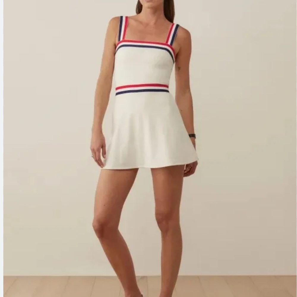 White Sleeveless Dress with Red and Blue Accents - reformation Farrah active